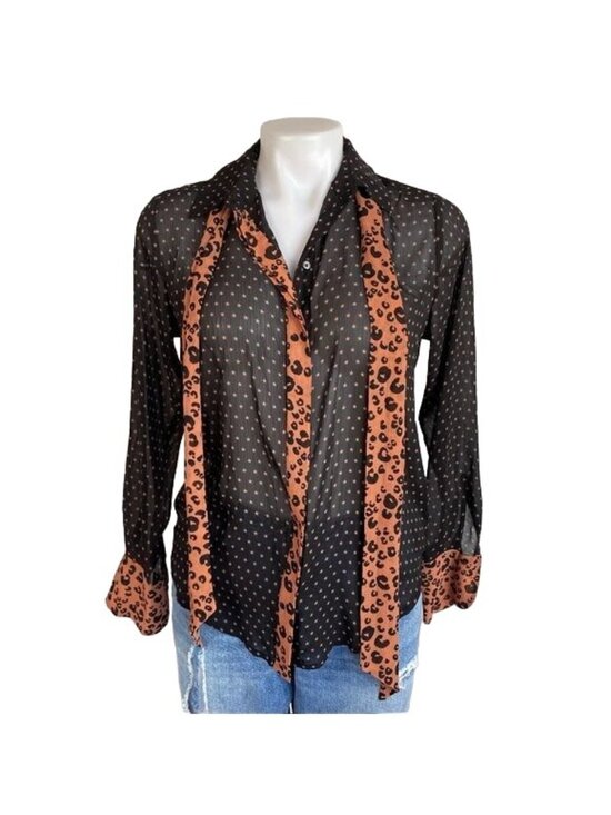 Scotch & Soda Tops - Scotch & Soda Maison Scotch Black Sheer Star Print Blouse With Leopard Print Acc